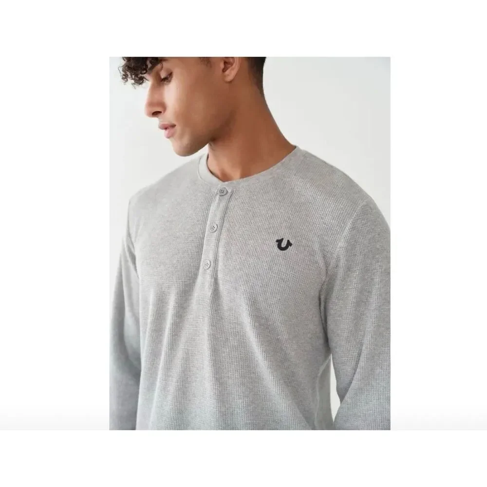 True Religion Men's Gray Thermal Buddha Long‎ Sleeve Henley Shirt Size XL